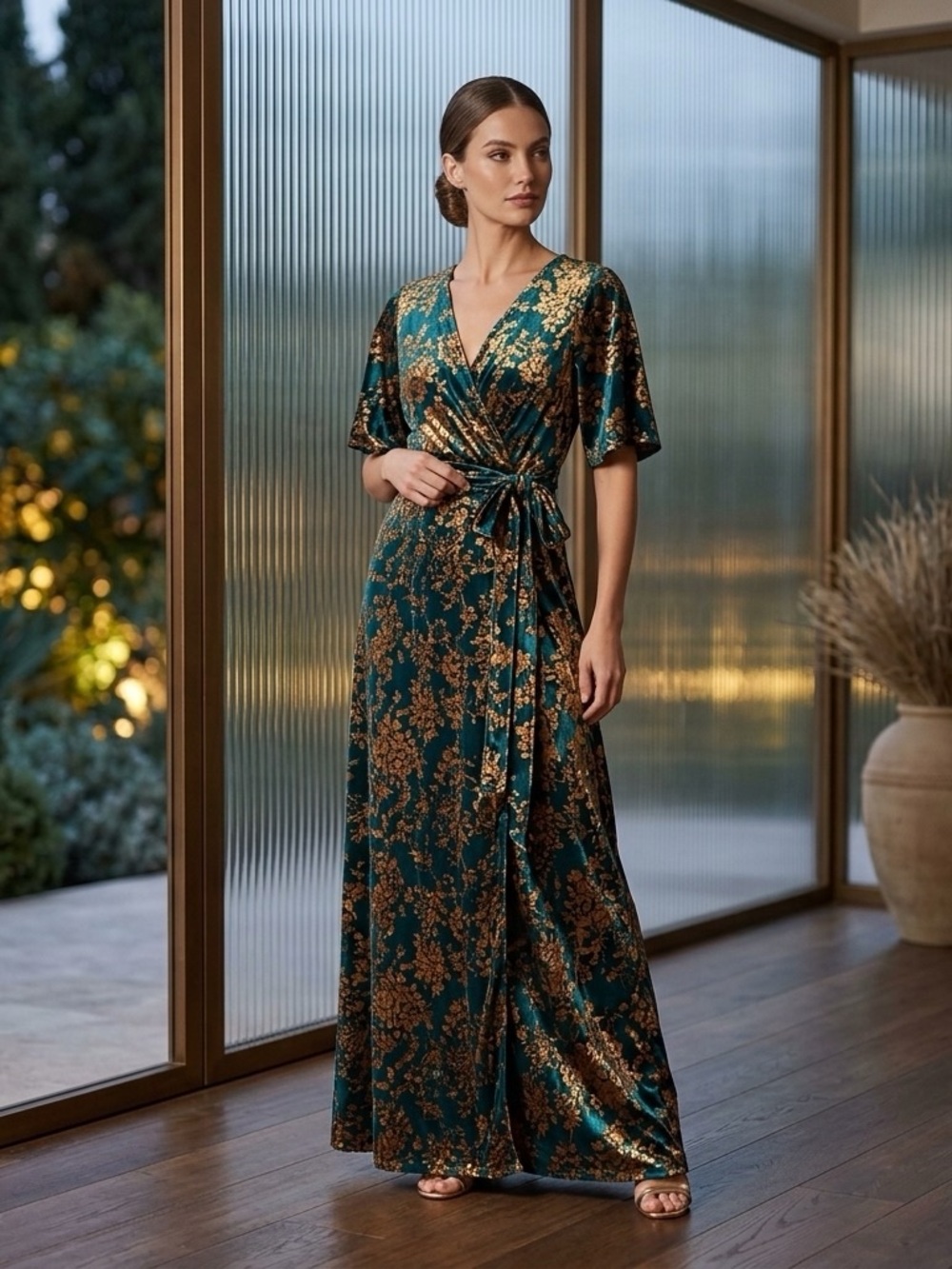 Emerald Green & Gold Floral Wrap Maxi Dress